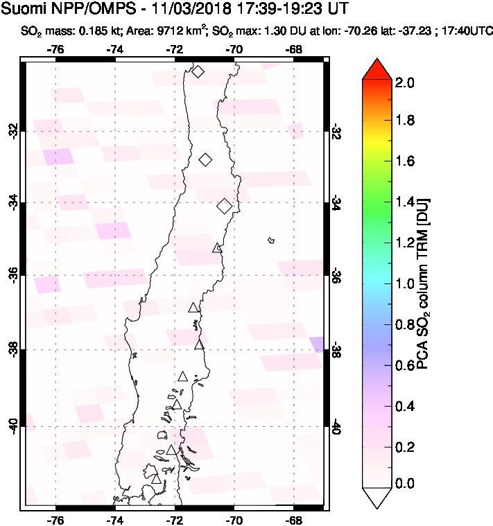 A sulfur dioxide image over Central Chile on Nov 03, 2018.