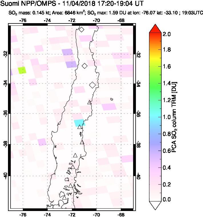 A sulfur dioxide image over Central Chile on Nov 04, 2018.