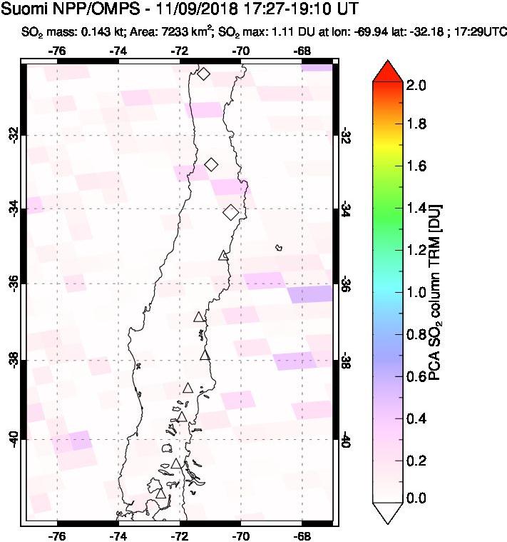 A sulfur dioxide image over Central Chile on Nov 09, 2018.