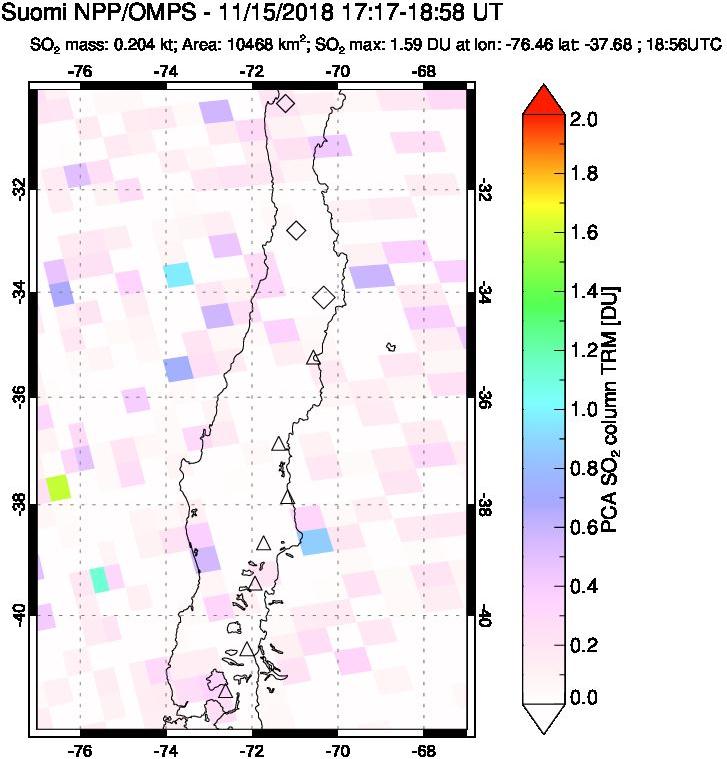 A sulfur dioxide image over Central Chile on Nov 15, 2018.