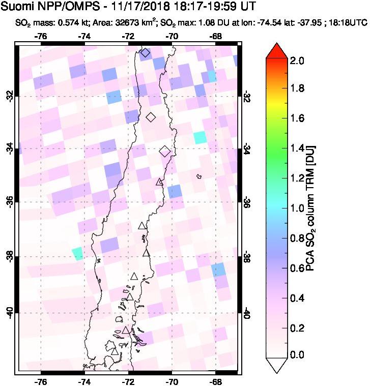 A sulfur dioxide image over Central Chile on Nov 17, 2018.
