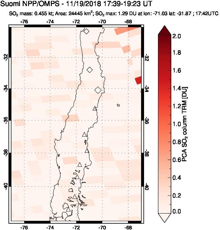 A sulfur dioxide image over Central Chile on Nov 19, 2018.