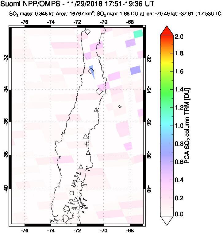 A sulfur dioxide image over Central Chile on Nov 29, 2018.