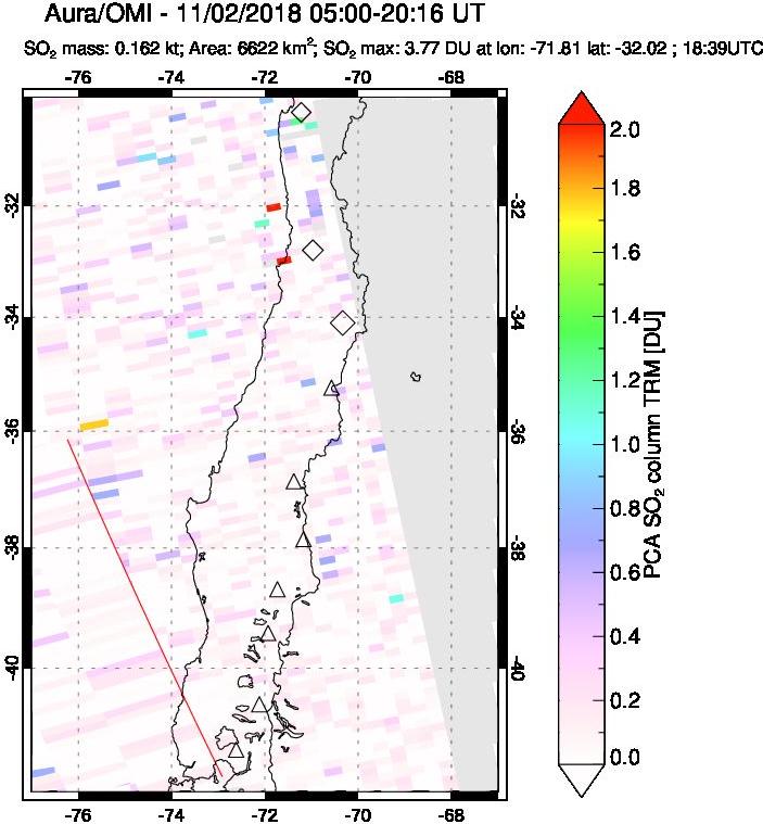 A sulfur dioxide image over Central Chile on Nov 02, 2018.