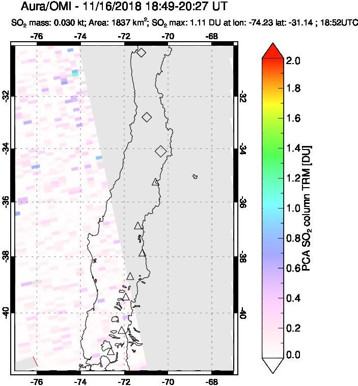 A sulfur dioxide image over Central Chile on Nov 16, 2018.