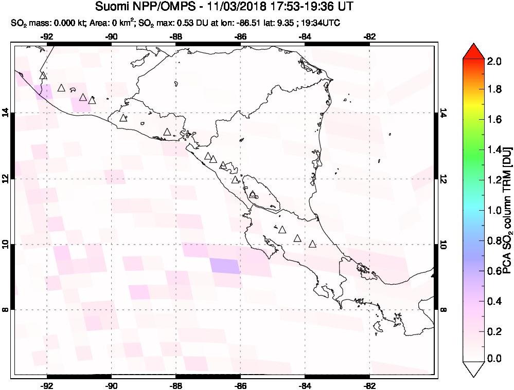 A sulfur dioxide image over Central America on Nov 03, 2018.