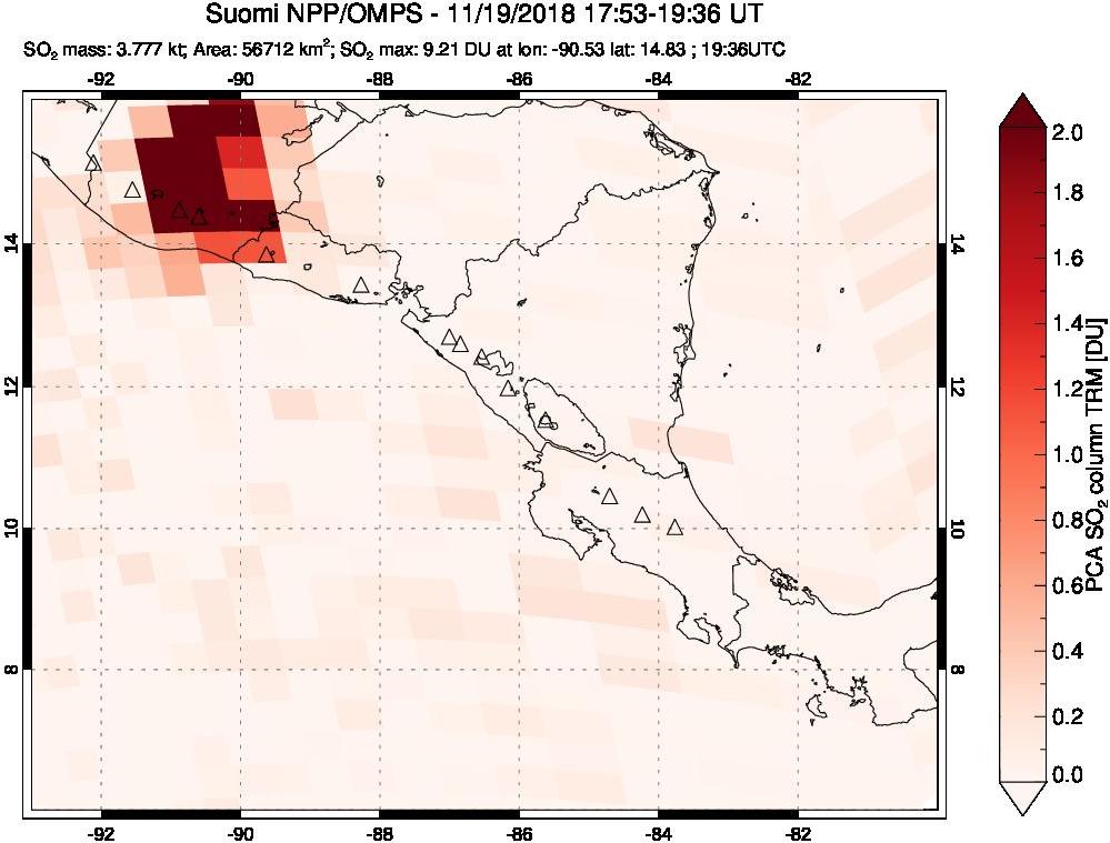 A sulfur dioxide image over Central America on Nov 19, 2018.