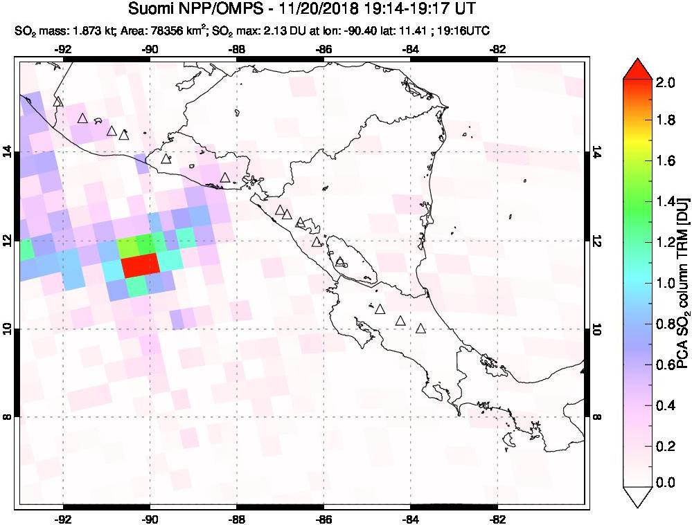 A sulfur dioxide image over Central America on Nov 20, 2018.