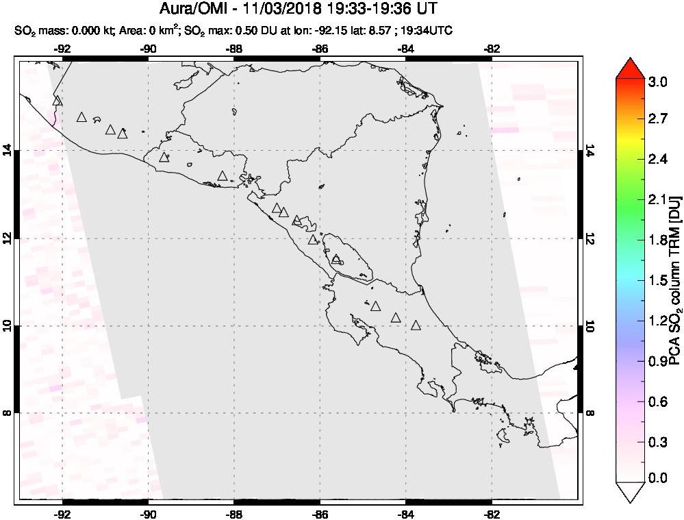 A sulfur dioxide image over Central America on Nov 03, 2018.