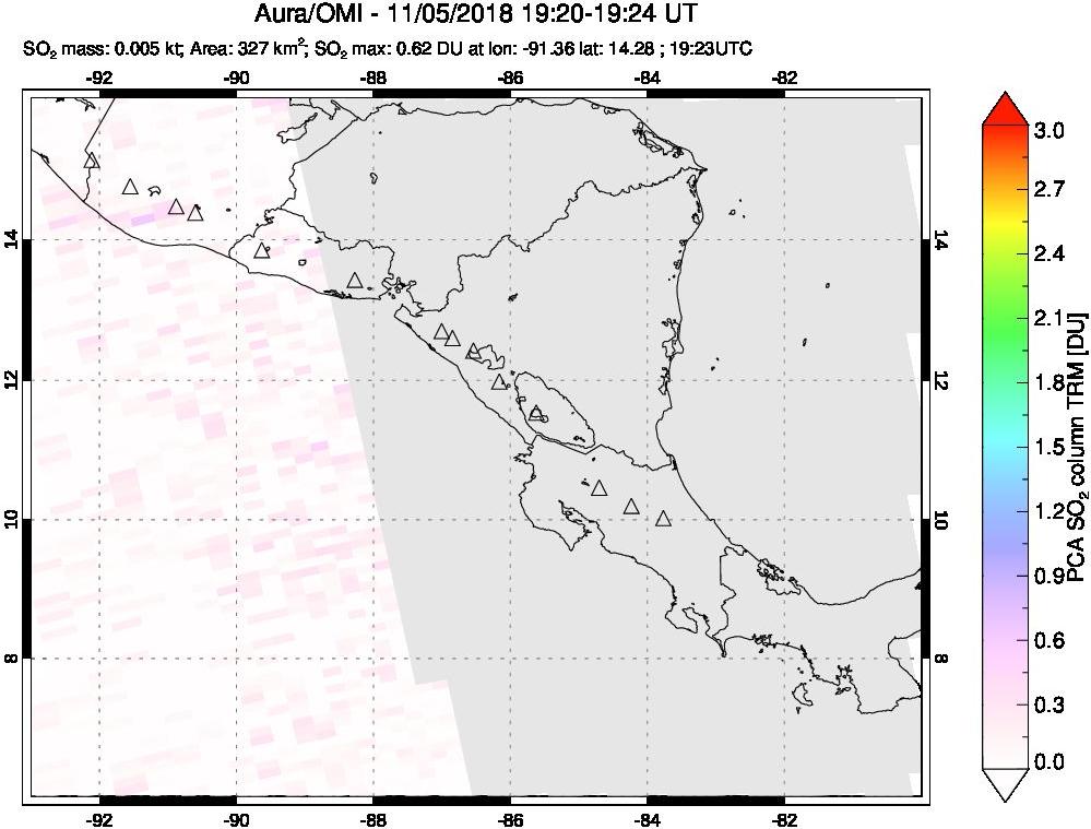 A sulfur dioxide image over Central America on Nov 05, 2018.