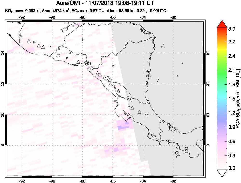 A sulfur dioxide image over Central America on Nov 07, 2018.