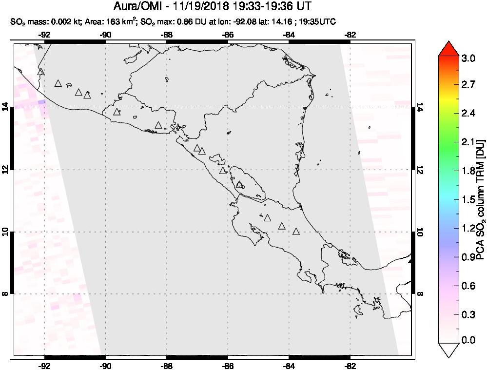 A sulfur dioxide image over Central America on Nov 19, 2018.
