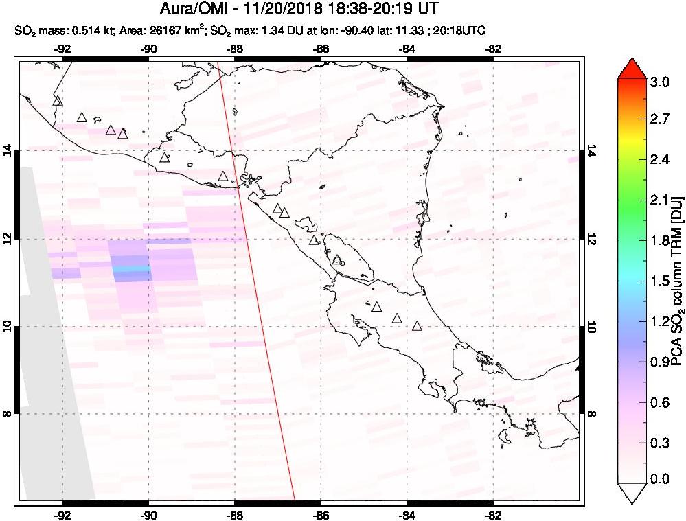 A sulfur dioxide image over Central America on Nov 20, 2018.