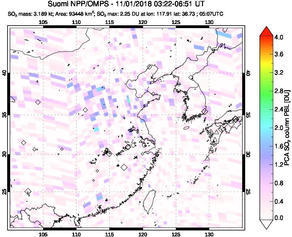 A sulfur dioxide image over Eastern China on Nov 01, 2018.