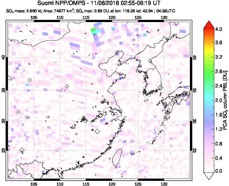 A sulfur dioxide image over Eastern China on Nov 08, 2018.