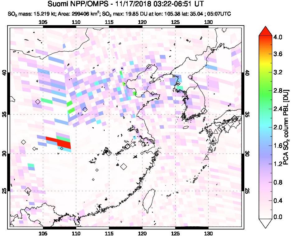 A sulfur dioxide image over Eastern China on Nov 17, 2018.
