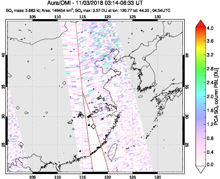 A sulfur dioxide image over Eastern China on Nov 03, 2018.
