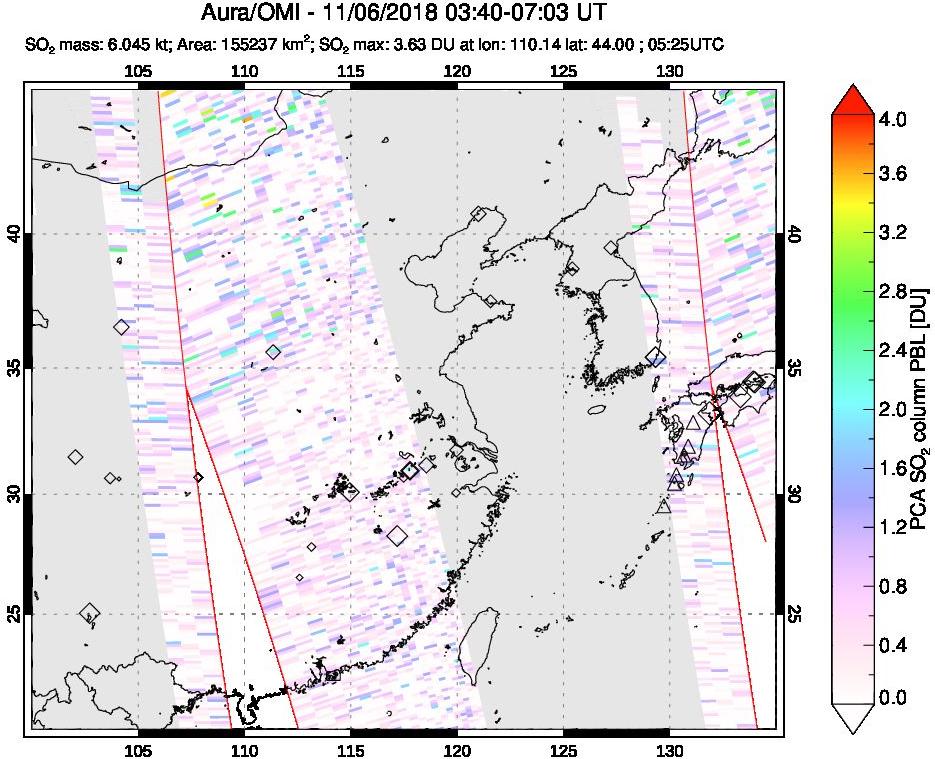 A sulfur dioxide image over Eastern China on Nov 06, 2018.