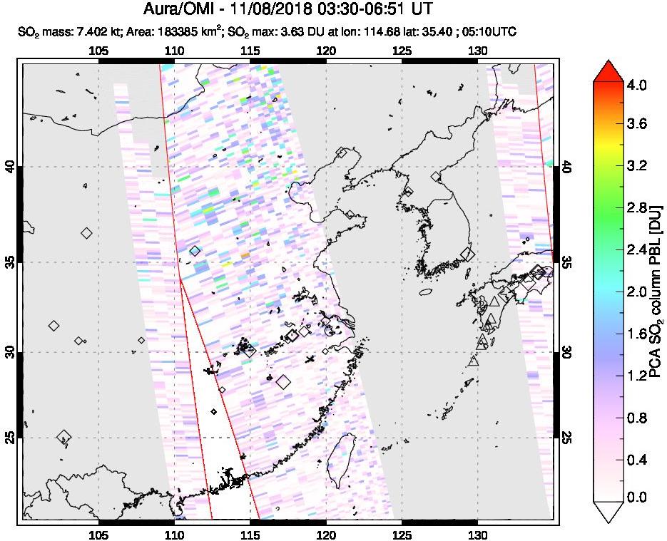 A sulfur dioxide image over Eastern China on Nov 08, 2018.