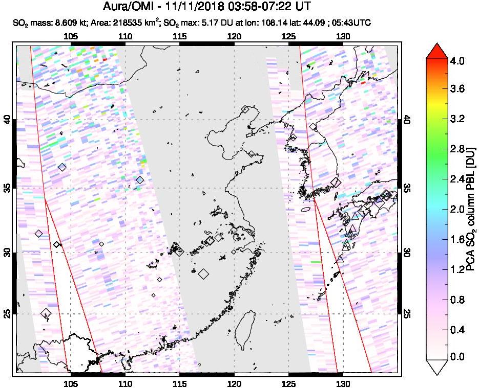 A sulfur dioxide image over Eastern China on Nov 11, 2018.