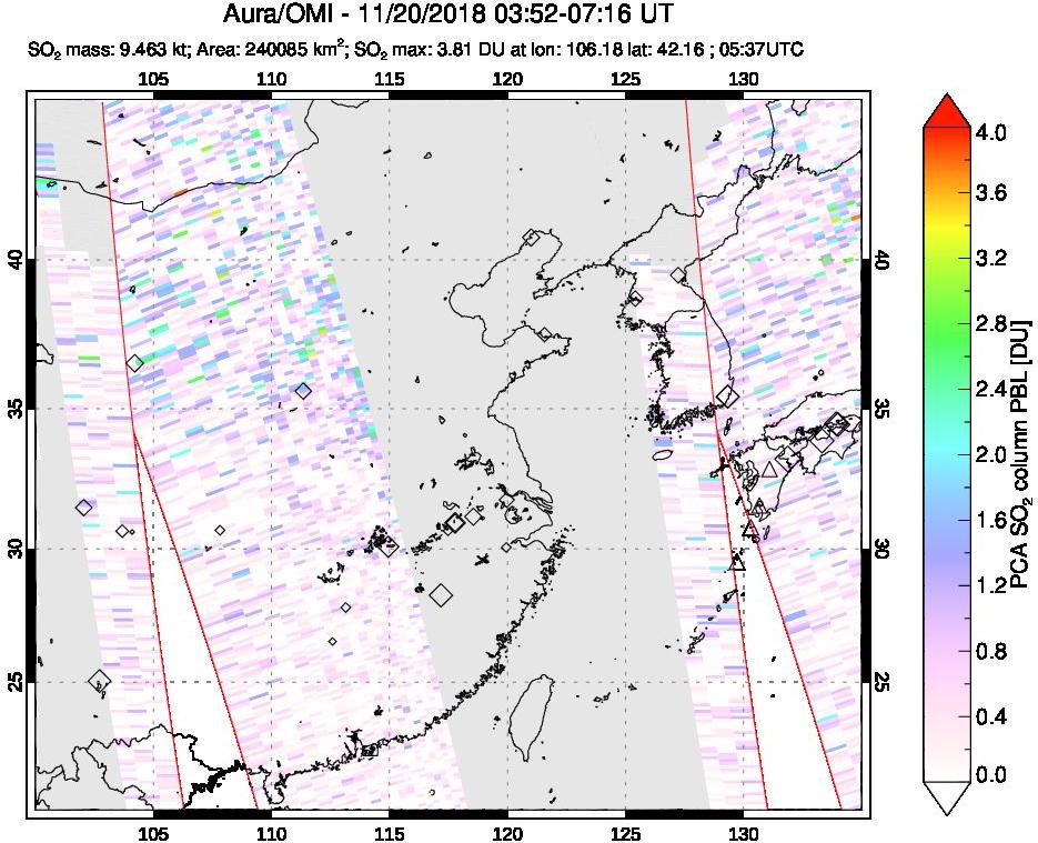 A sulfur dioxide image over Eastern China on Nov 20, 2018.