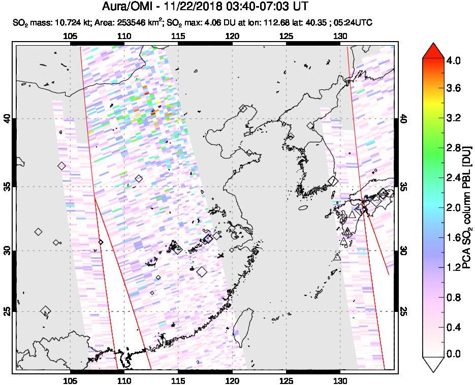 A sulfur dioxide image over Eastern China on Nov 22, 2018.