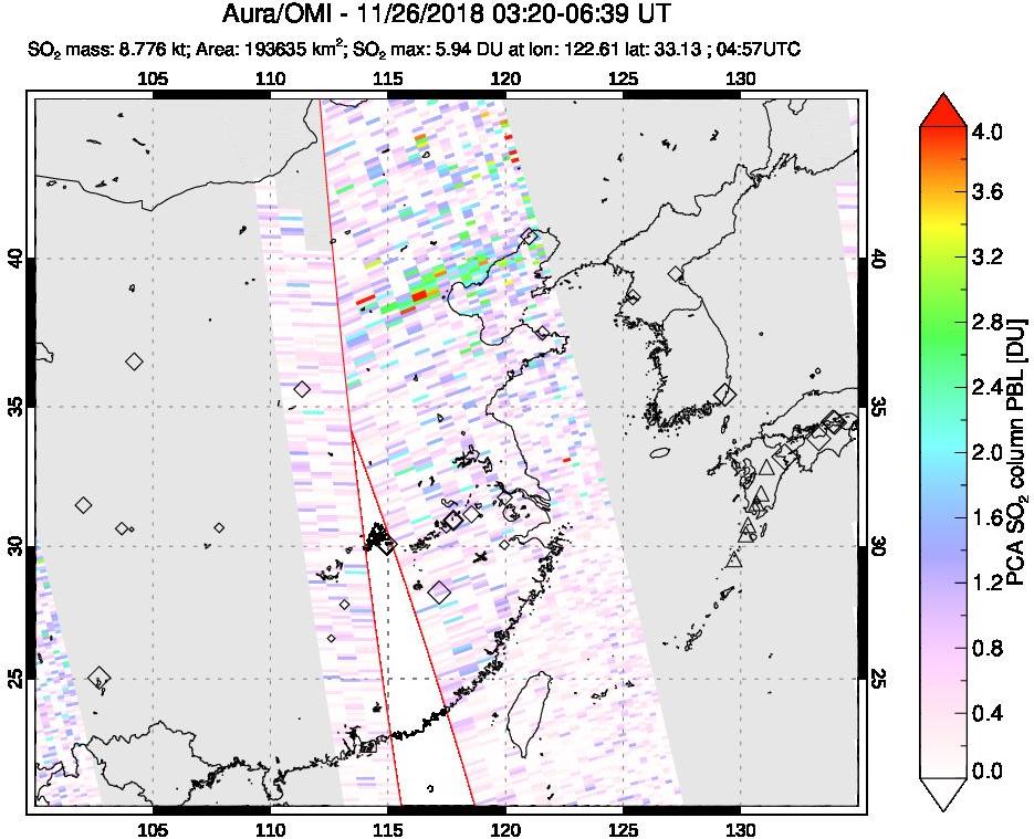 A sulfur dioxide image over Eastern China on Nov 26, 2018.