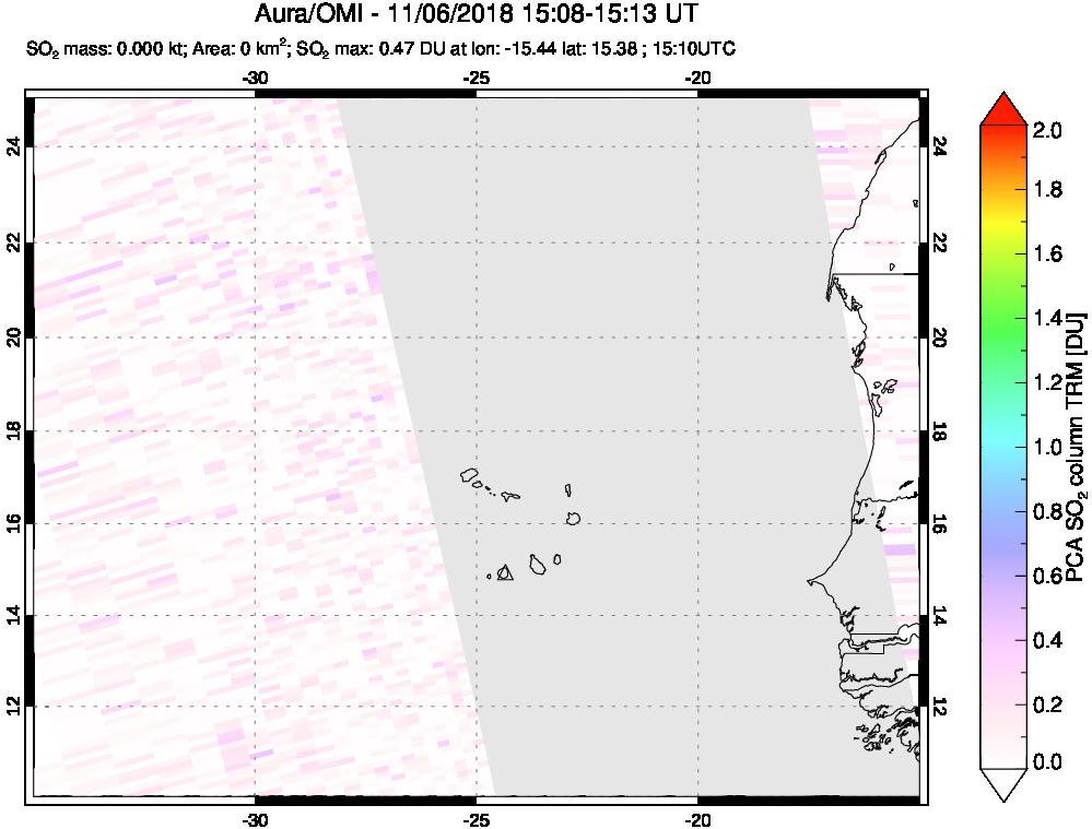A sulfur dioxide image over Cape Verde Islands on Nov 06, 2018.