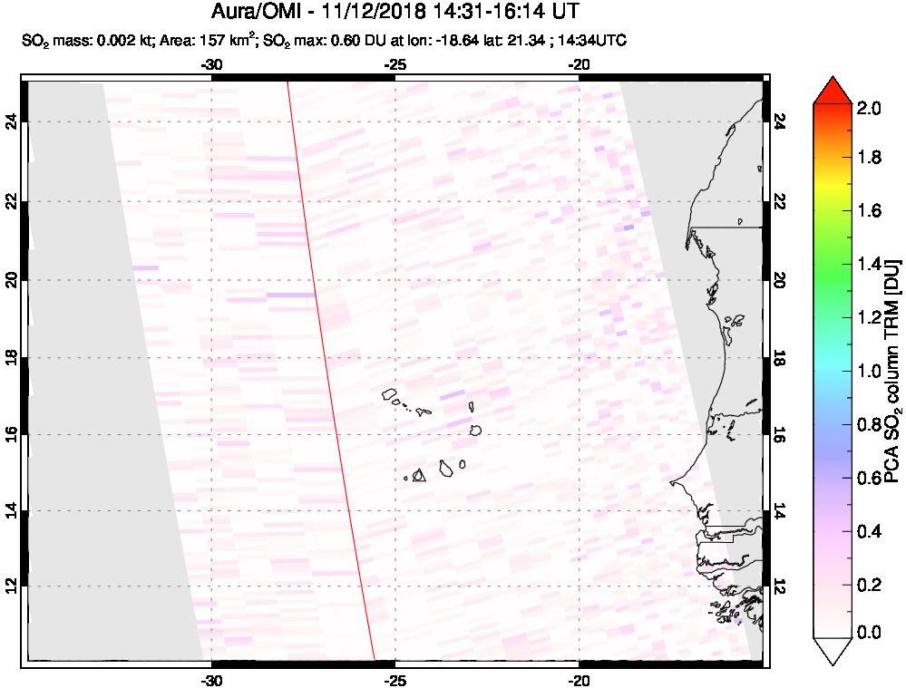 A sulfur dioxide image over Cape Verde Islands on Nov 12, 2018.