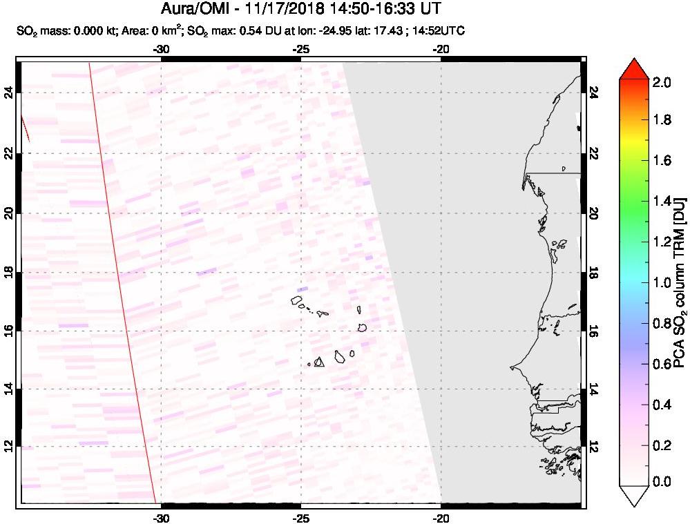 A sulfur dioxide image over Cape Verde Islands on Nov 17, 2018.