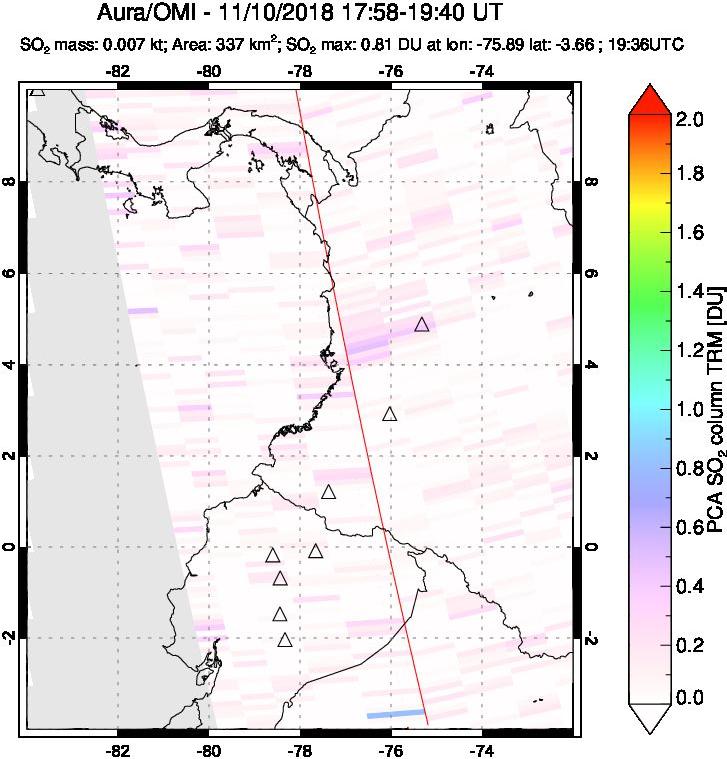 A sulfur dioxide image over Ecuador on Nov 10, 2018.