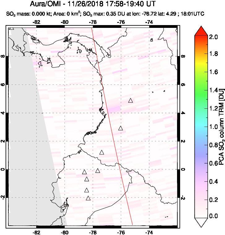 A sulfur dioxide image over Ecuador on Nov 26, 2018.