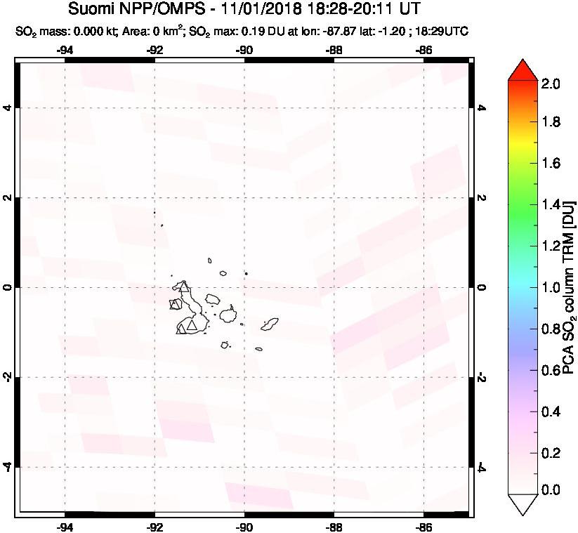A sulfur dioxide image over Galápagos Islands on Nov 01, 2018.