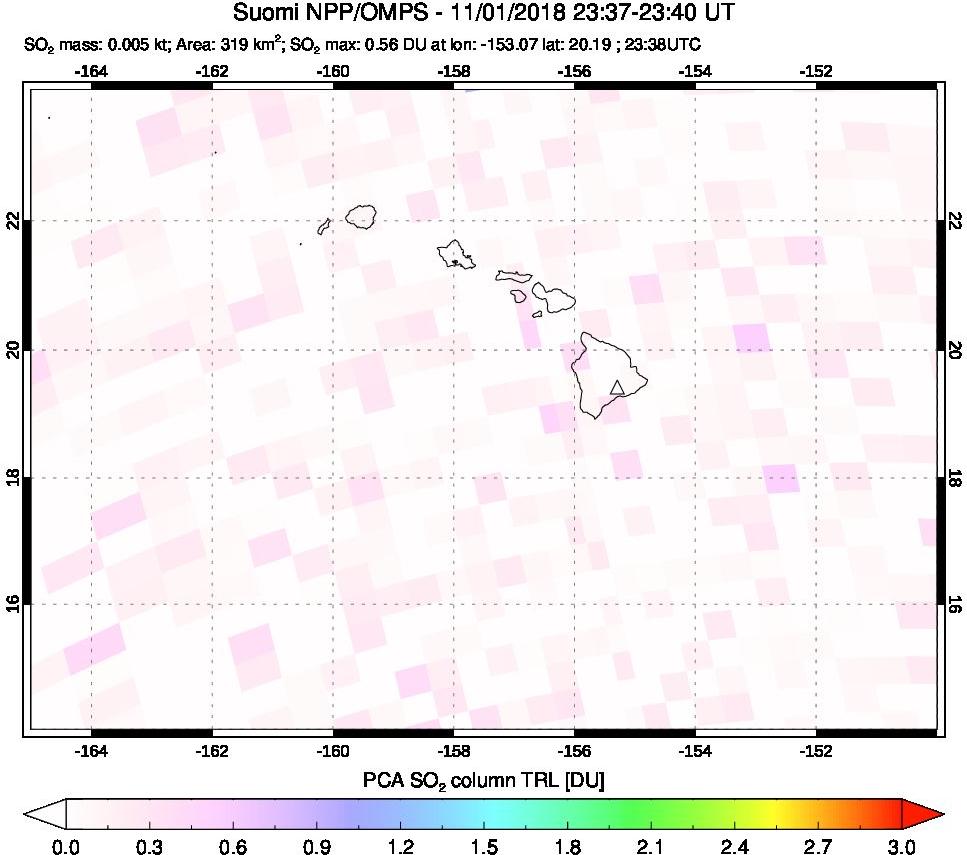 A sulfur dioxide image over Hawaii, USA on Nov 01, 2018.