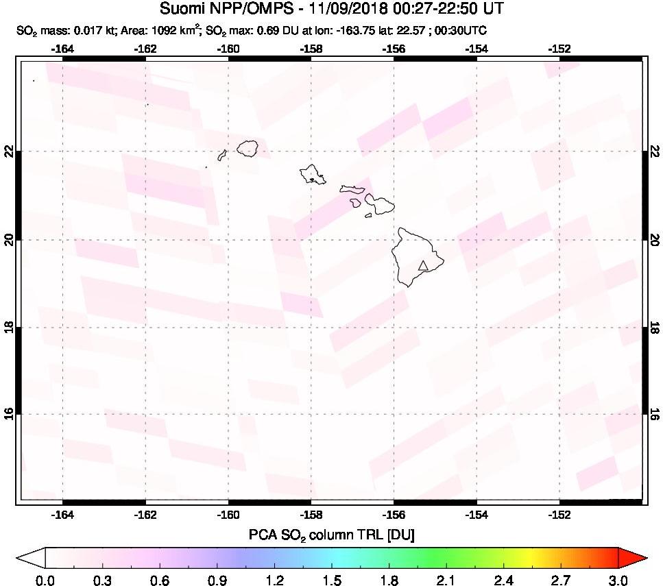 A sulfur dioxide image over Hawaii, USA on Nov 09, 2018.