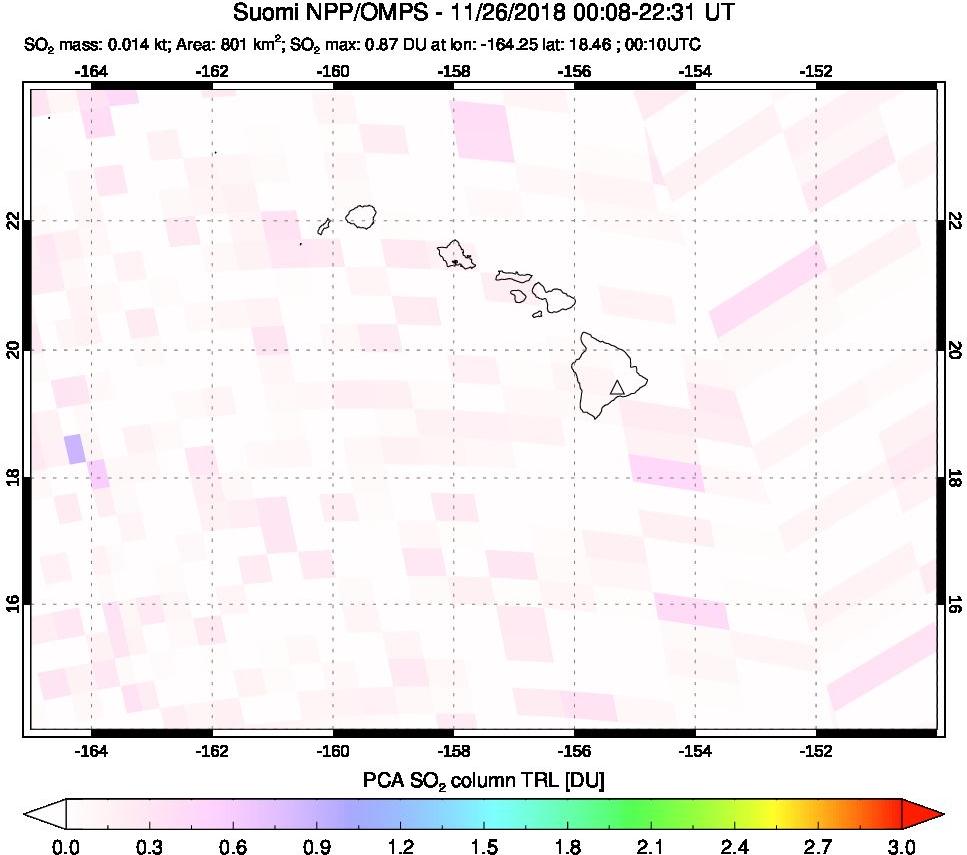 A sulfur dioxide image over Hawaii, USA on Nov 26, 2018.