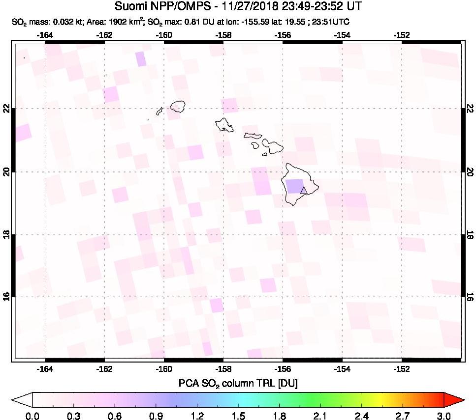 A sulfur dioxide image over Hawaii, USA on Nov 27, 2018.