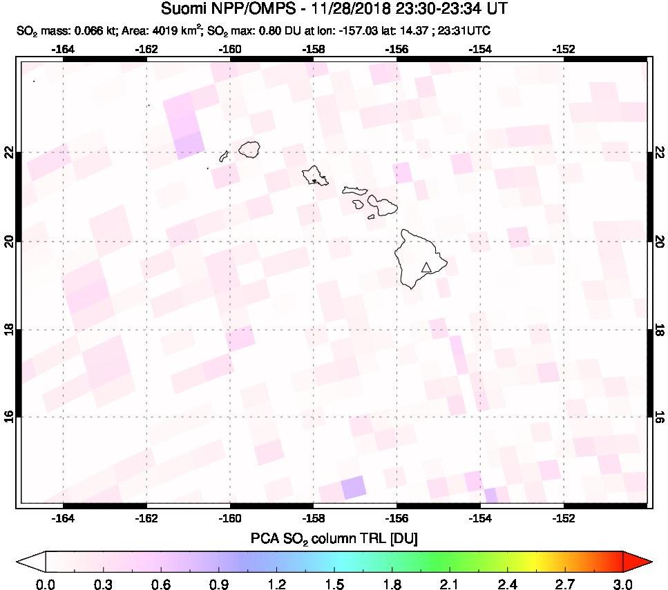 A sulfur dioxide image over Hawaii, USA on Nov 28, 2018.