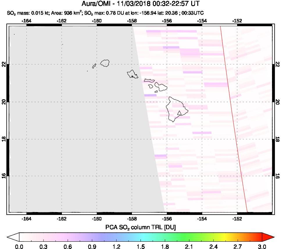 A sulfur dioxide image over Hawaii, USA on Nov 03, 2018.
