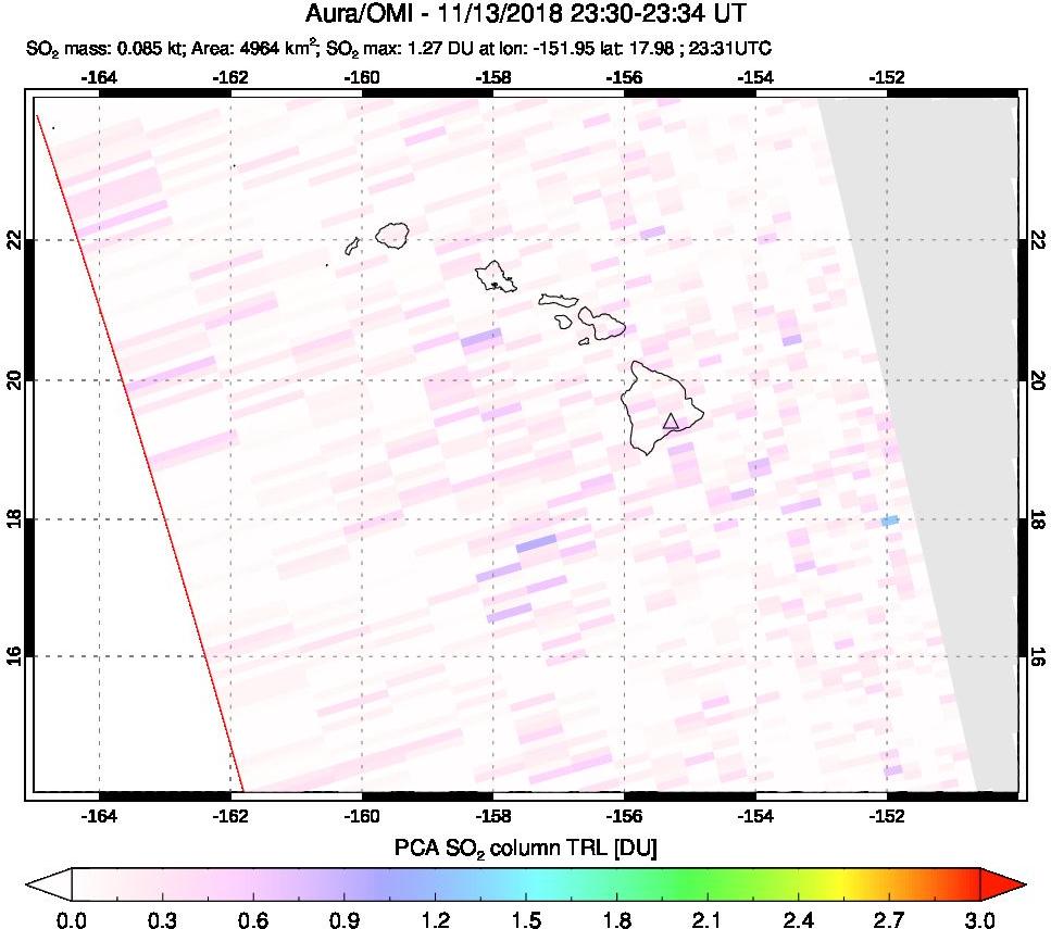 A sulfur dioxide image over Hawaii, USA on Nov 13, 2018.