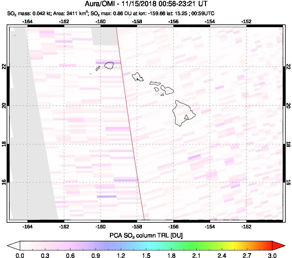 A sulfur dioxide image over Hawaii, USA on Nov 15, 2018.