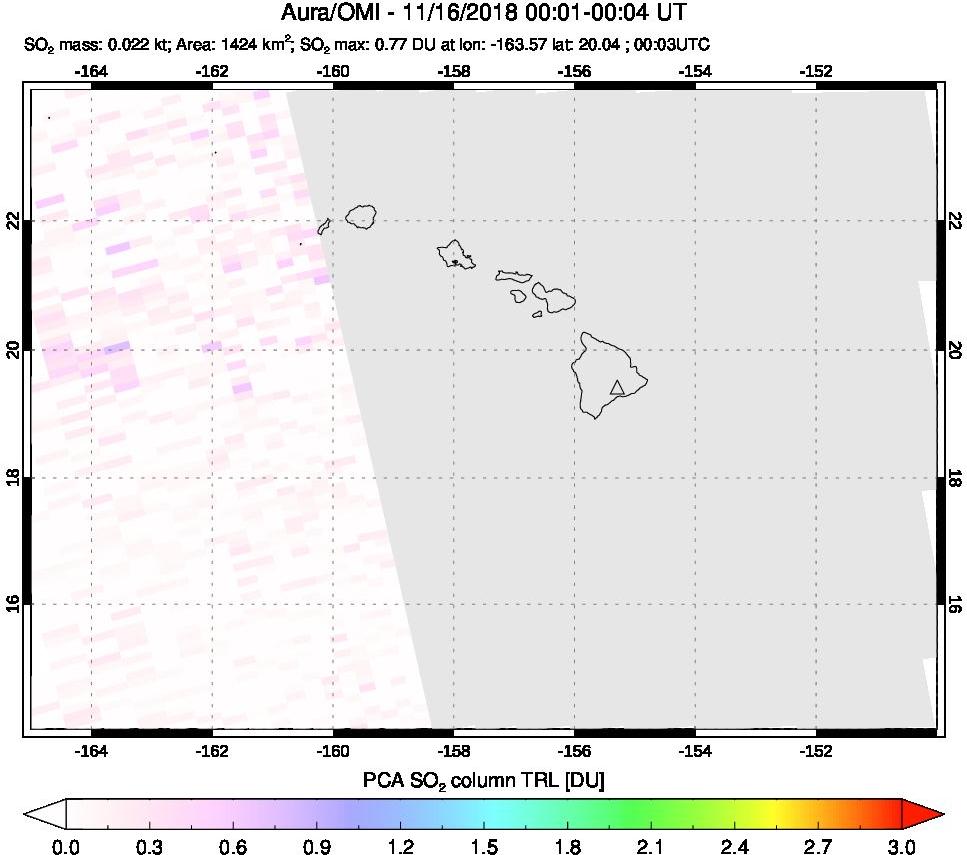 A sulfur dioxide image over Hawaii, USA on Nov 16, 2018.