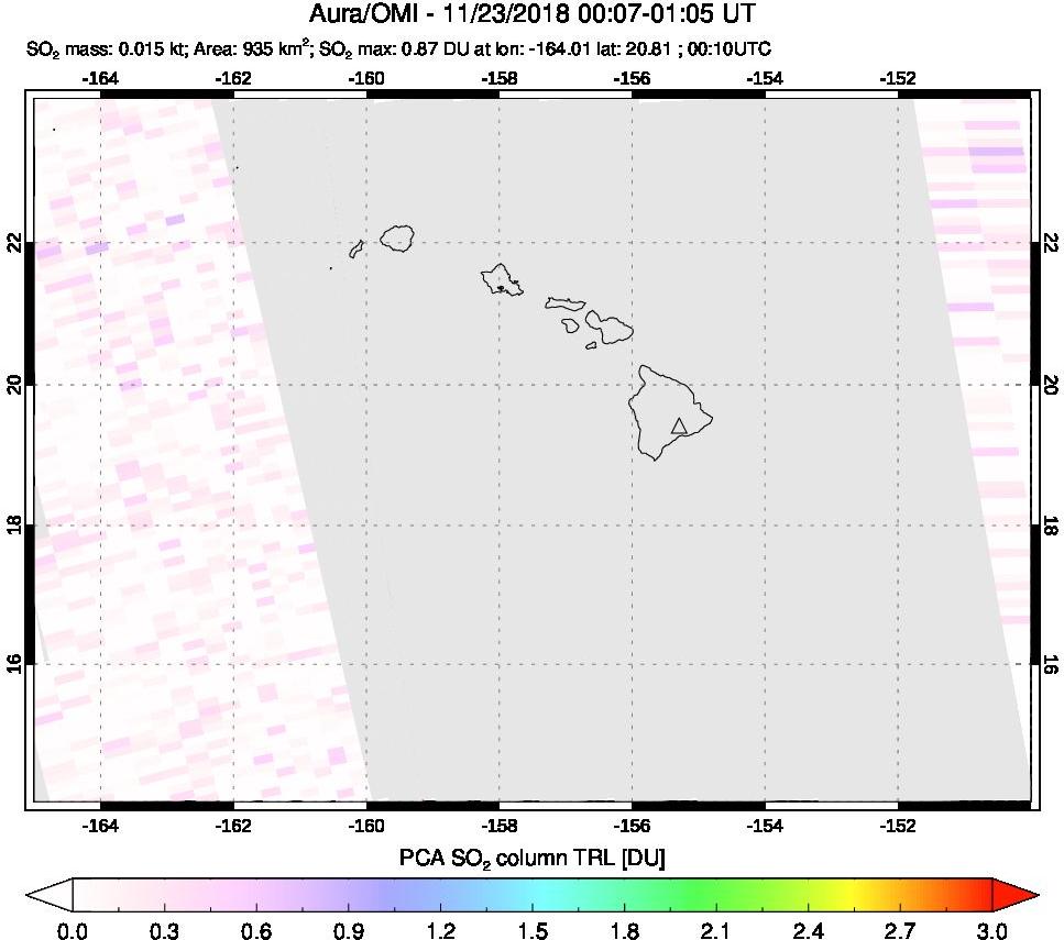 A sulfur dioxide image over Hawaii, USA on Nov 23, 2018.