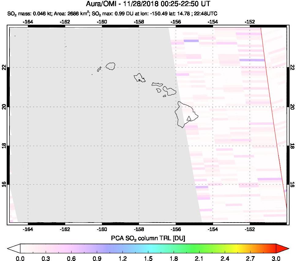 A sulfur dioxide image over Hawaii, USA on Nov 28, 2018.