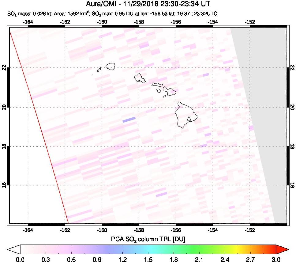 A sulfur dioxide image over Hawaii, USA on Nov 29, 2018.