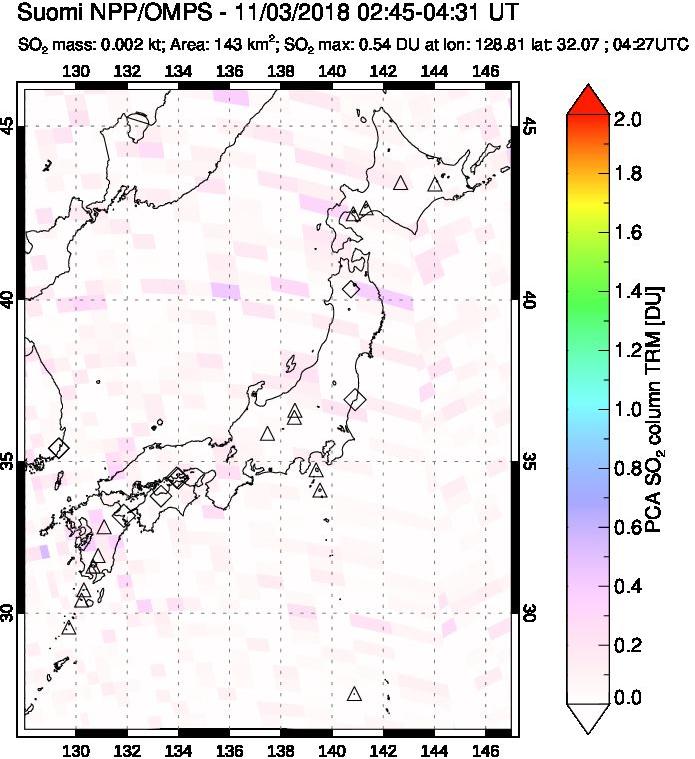 A sulfur dioxide image over Japan on Nov 03, 2018.