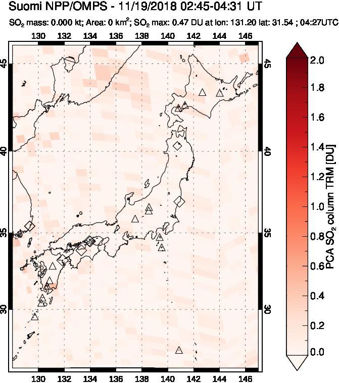 A sulfur dioxide image over Japan on Nov 19, 2018.