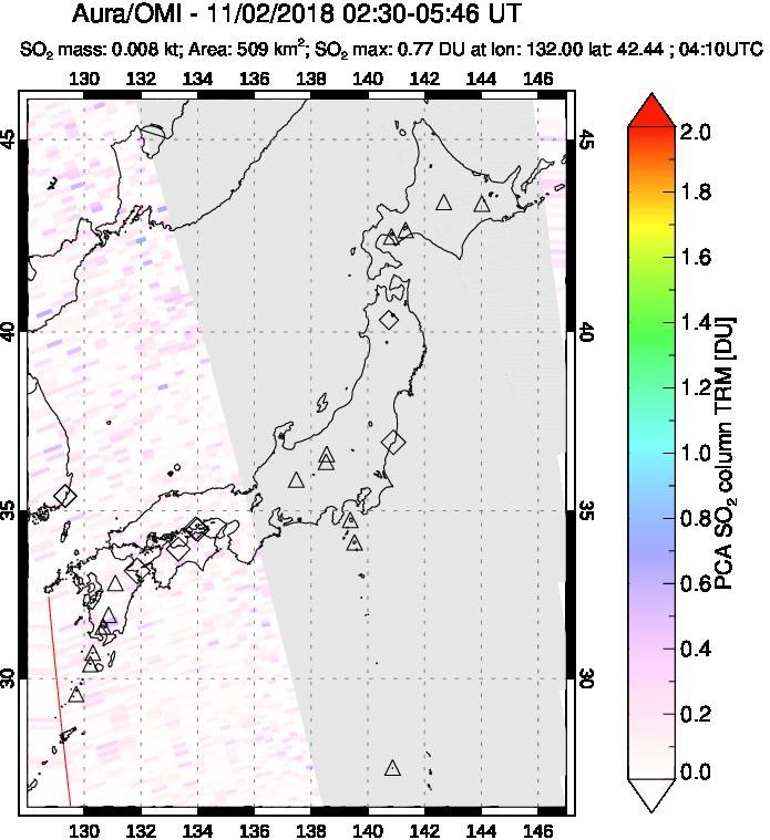 A sulfur dioxide image over Japan on Nov 02, 2018.