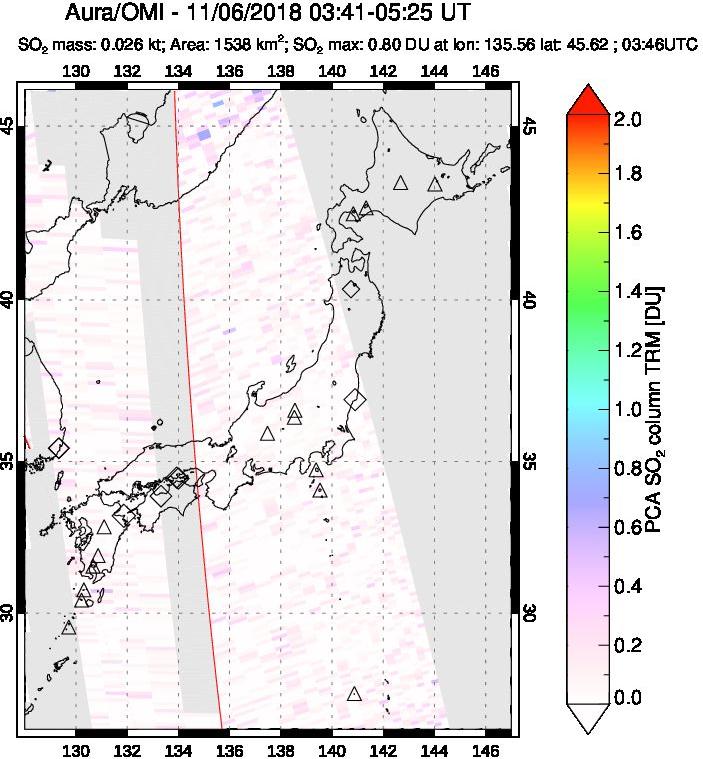 A sulfur dioxide image over Japan on Nov 06, 2018.