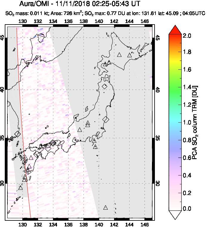 A sulfur dioxide image over Japan on Nov 11, 2018.